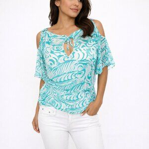 Aqua Swirl Print Sheer Keyhole Smocked Waist Top Boho Gift Party Relaxed Summer